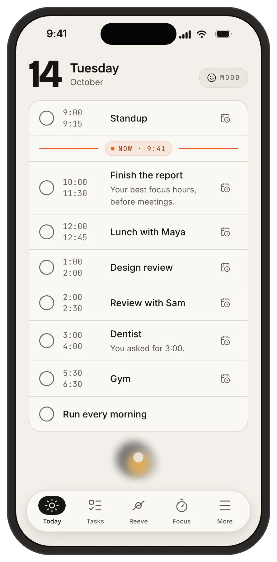 Tethril Today: a timeline of the day with a now line, and a reason under each block.